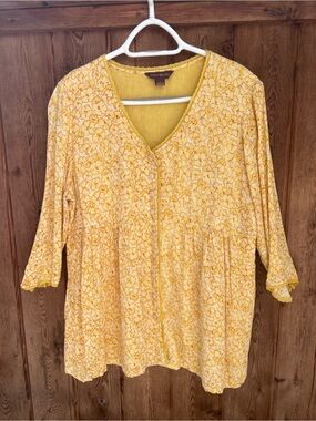 April Cornell Vintage Floral Babydoll Tunic Blouse Yellow Size L